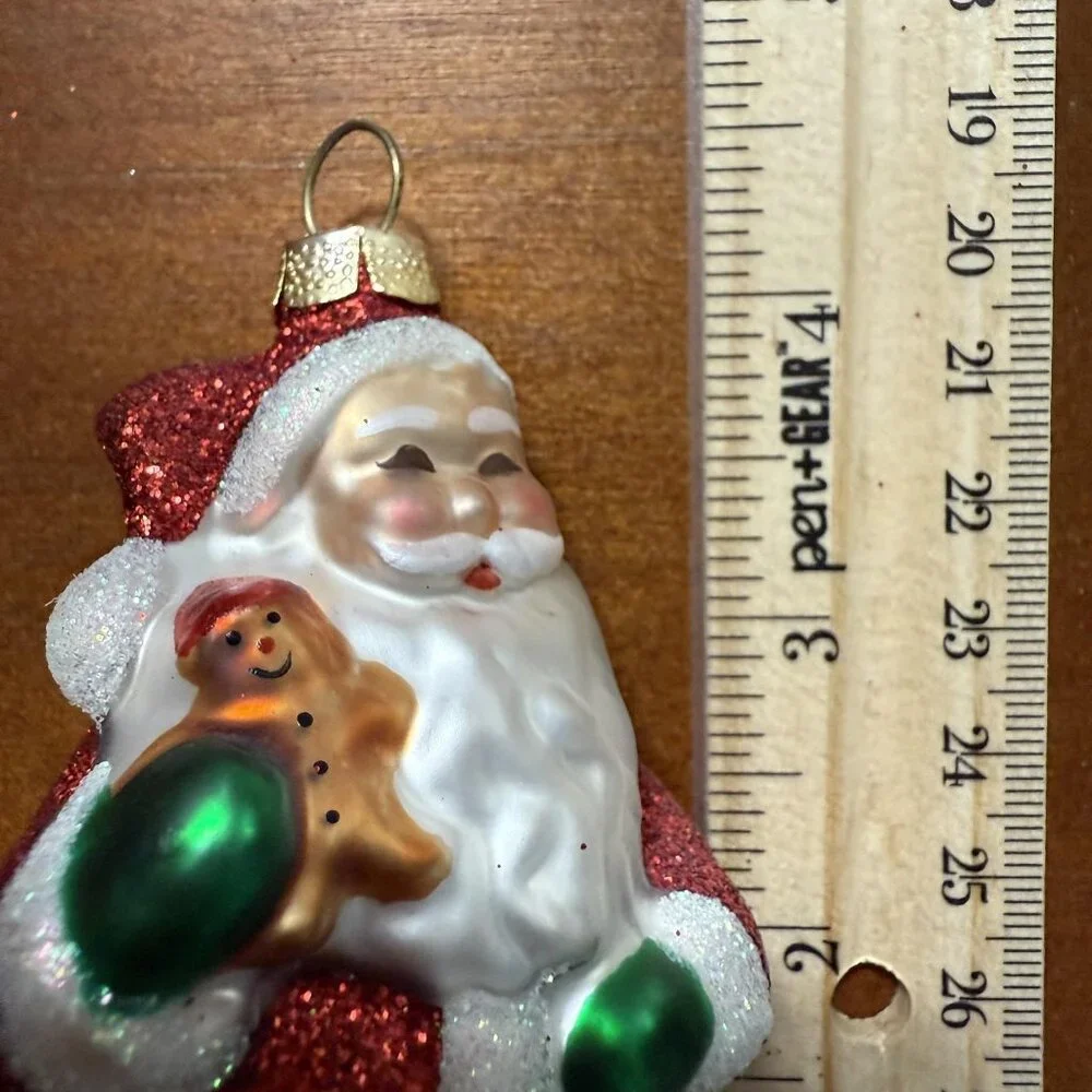 Hallmark Santa Christmas Ornament Glass‎ Hand Painted Red Glitter w/ Gingerbread